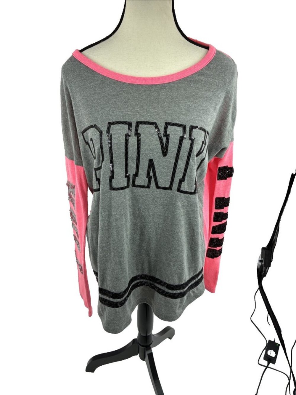 PINK Victorias Secret Womens Long Sleeve Logo Top Gray Pink Sequin Size M Y2K